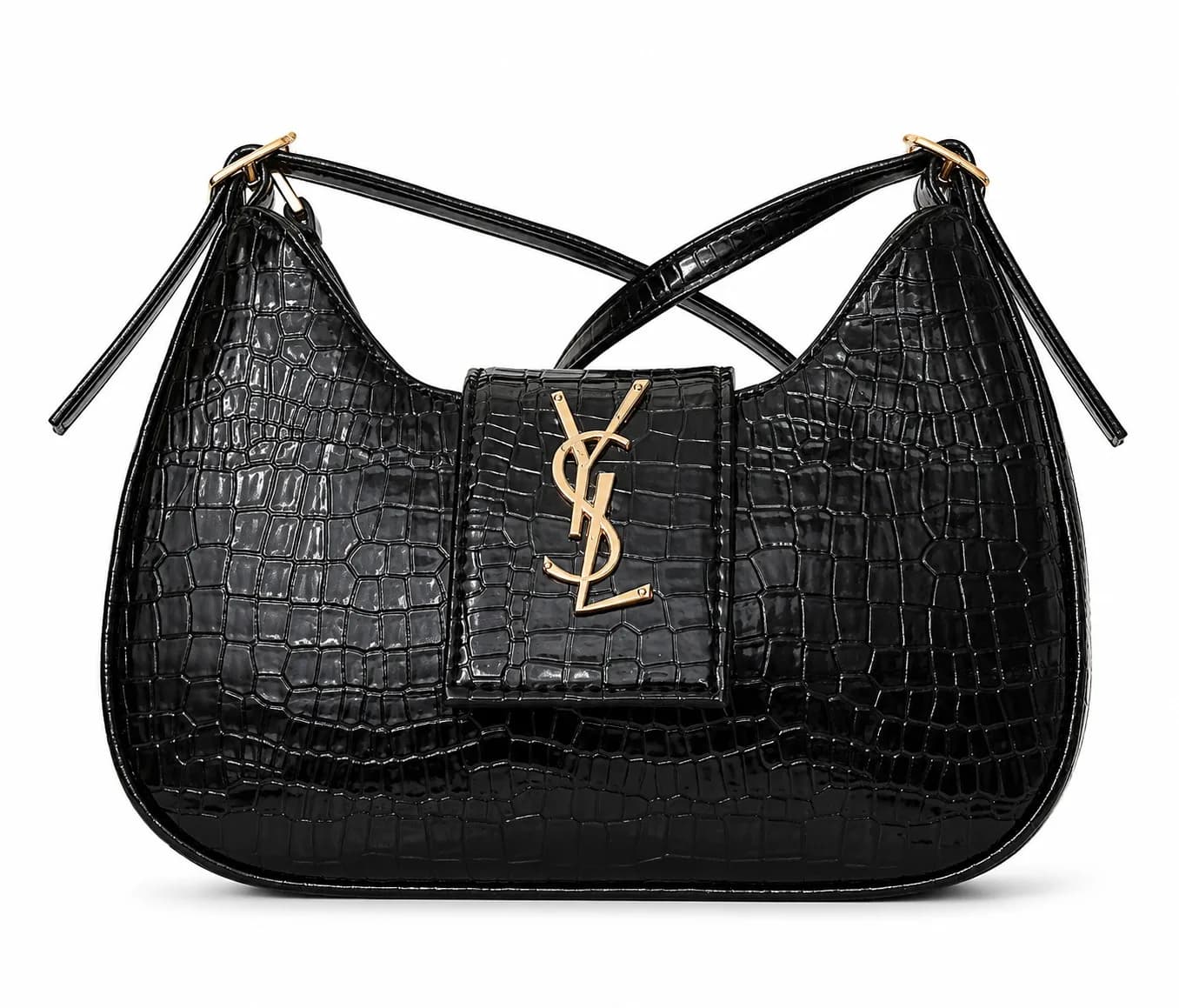 YSL Black Croc-Texture Shoulder Bag
