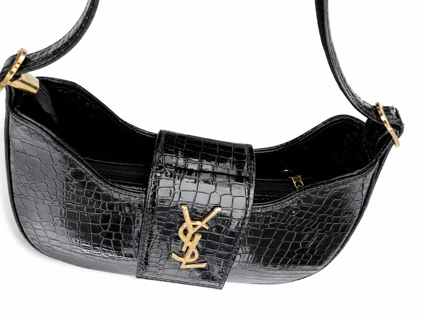 Black Croc-Texture Shoulder Bag