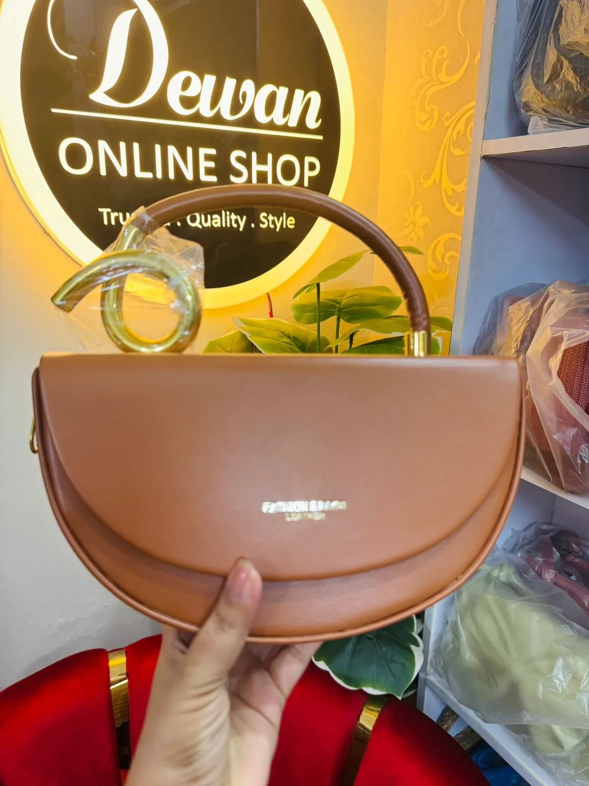 Golden Leather Bow Handle Handbag