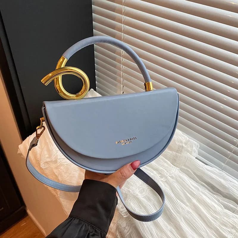 Blue Leather Bow Handle Handbag