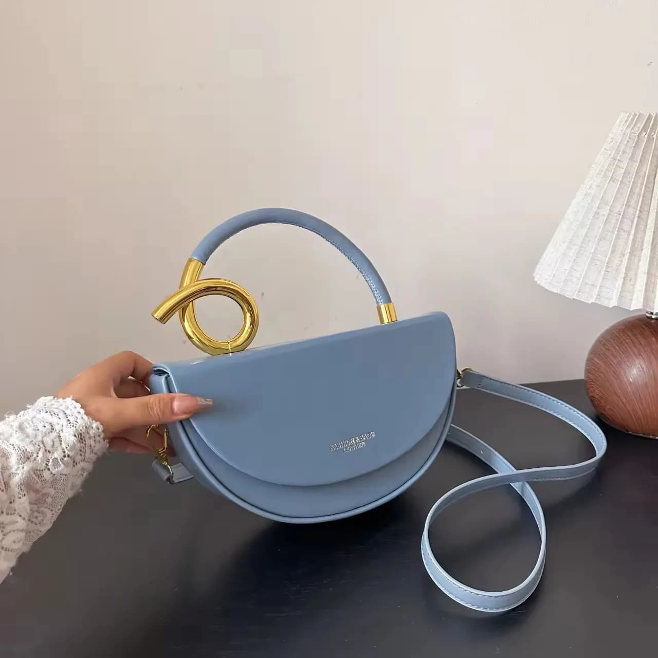 Blue Leather Bow Handle Handbag